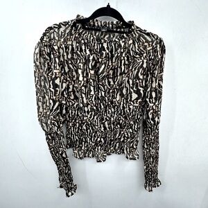 HALOGEN Natural animal print puff sleeve sheer woman’s blouse. NWT SMALL